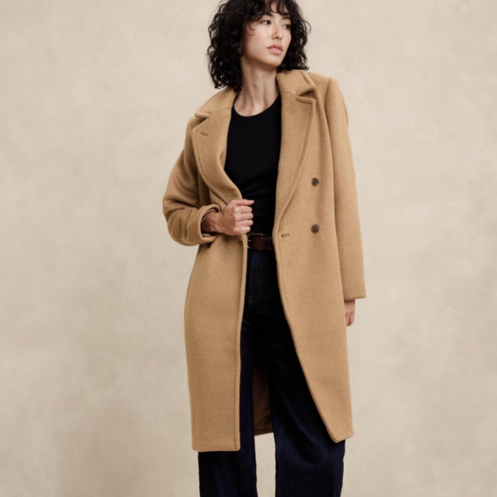 $280 NWT Banana Republic Wool Trench Coat Brown Classic Women's Long Coat MEDIUM